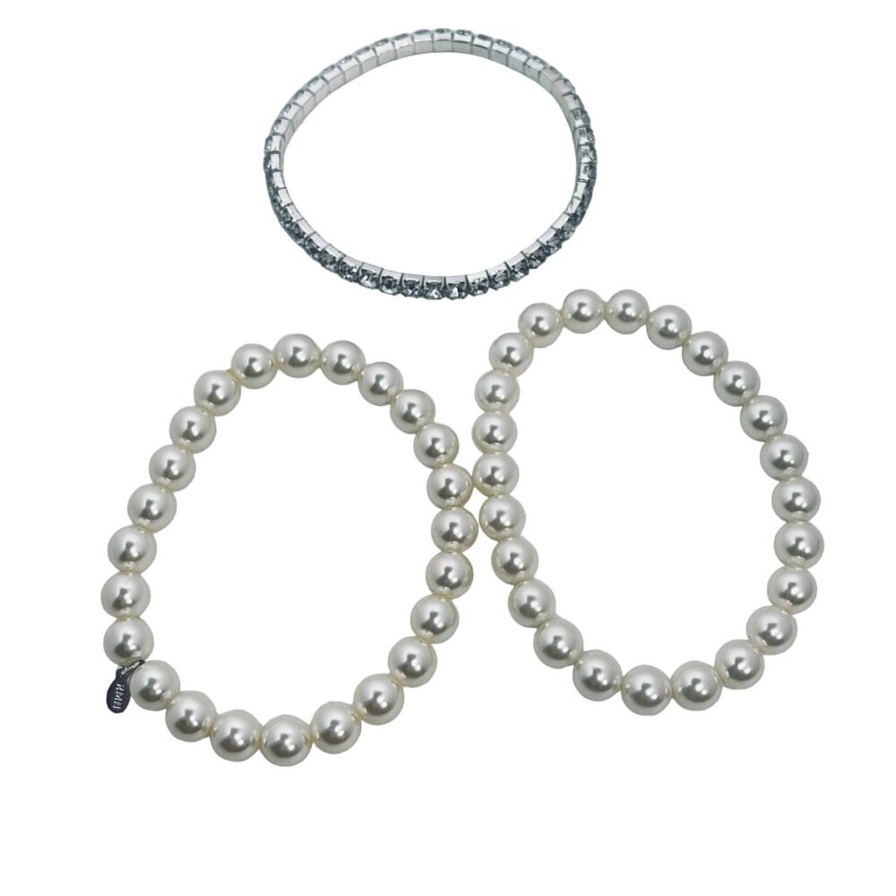 Lot Of 3 Roman Stretch Bracelets 2 Faux Pearl & 1 Silver Tone Rhinestone (5498) - Picture 3 of 6